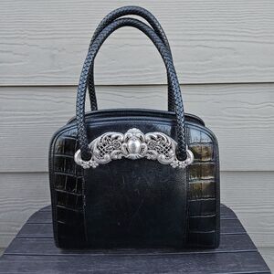 Brighton Chantilly Black Leather Croc Satchel Handbag Purse Small Tote Bag
